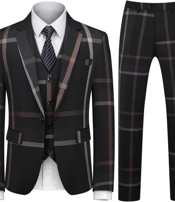 Mens Suits 3 Piece Check Plaid Suit Single Breasted One Button Jackets Formal Dress Party Prom Tuxedo Suits Blazer Set